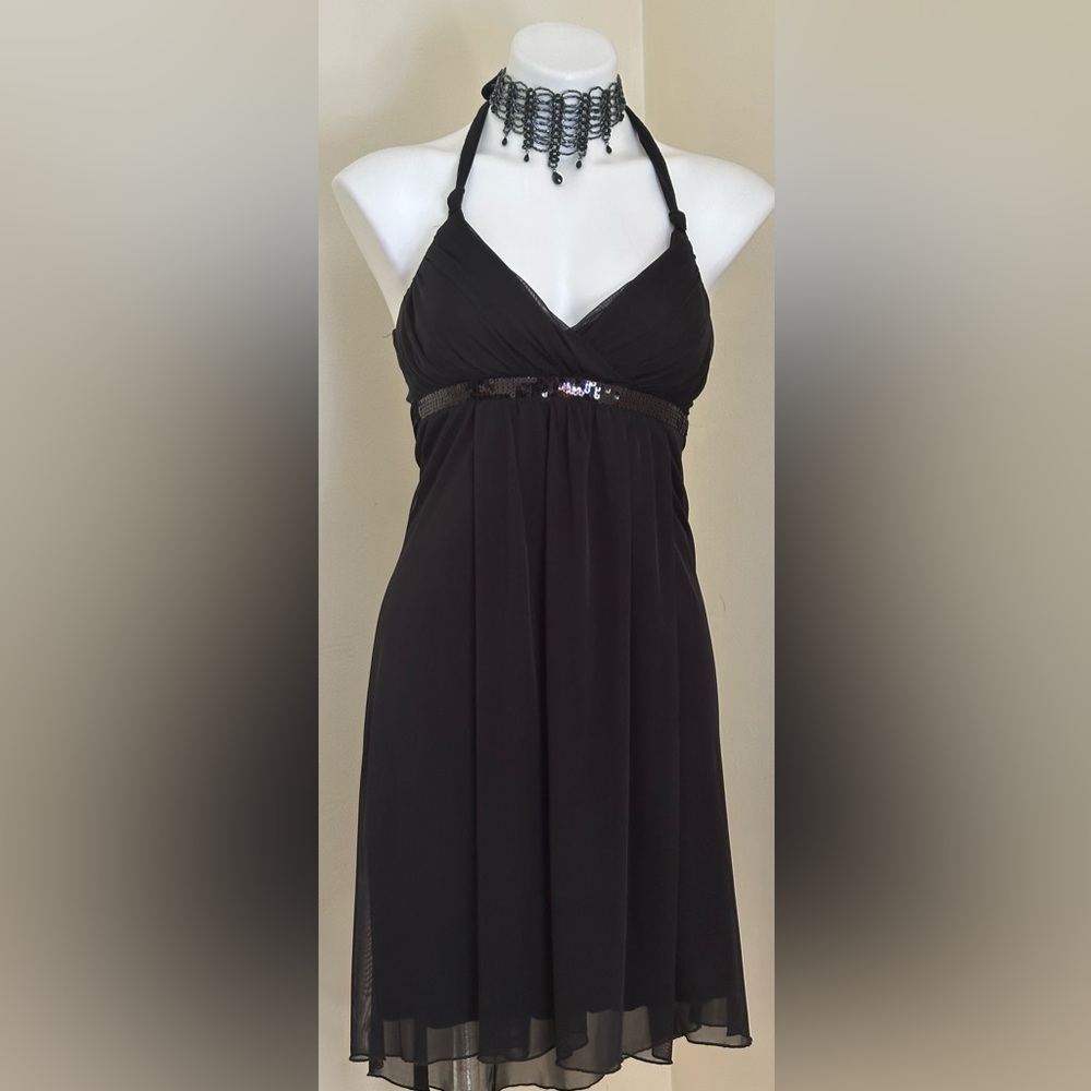 BYERWEAR TOO! Black Sheer Halter V Neck Dress Tie In Back  Black Sequence Sz S.